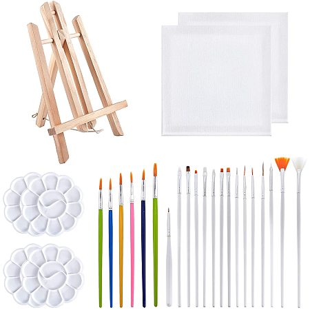 NBEADS 29 Pcs Painting Drawing Kits, with 2 Pcs Folding Pine Wood Tabletop Easel, 2 Pcs Canvas Frame, 4 Pcs Palette and 2 Sets Brush Pen for Craft Painting Display