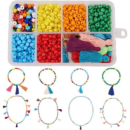 SUNNYCLUE 1 Set DIY 4Set 4mm Seed Beaded Tassel Jewelry Necklace Bracelet Making Kit for Beginners Adults, Mixed Color