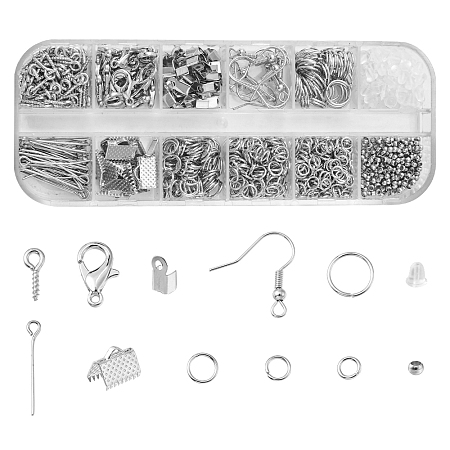 Honeyhandy DIY Earring Making Finding Kit, Including Alloy Lobster Claw Clasps, Plastic Ear Nuts, Brass Crimp Beads, Iron Screw Eye Pin Peg Bails & Crimp Ends & Earring Hooks & Jump Rings, Platinum, 986Pcs/box