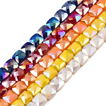 Electroplate Opaque Solid Color Glass Beads Strands, AB Color Plated, Faceted, Square, Mixed Color, 6x6x4.5mm, Hole: 1.2mm, about 95~98Pcs/strand, 24.41 inch(62cm)