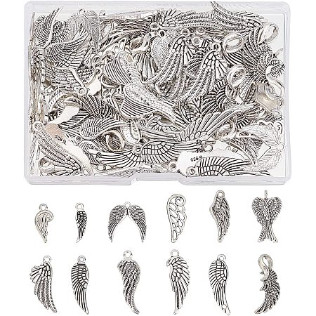 SUPERFINDINGS 120Pcs 12 Styles Alloy Angel Wing Charms Antiqued Silver Wing Hollow Pendants Tibetan Style Alloy Feather Charms for DIY Bracelet Necklace Jewelry Making