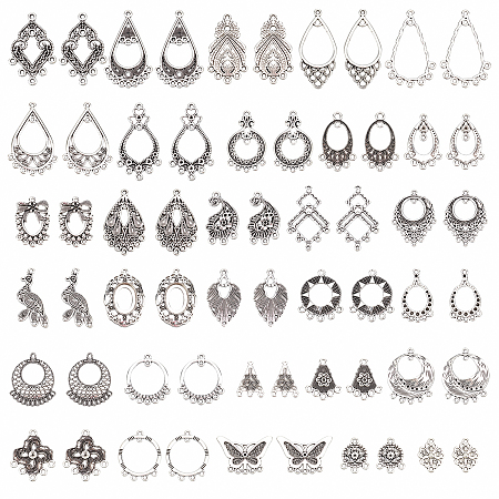 PandaHall Elite 60Pcs Tibetan Style Alloy Chandelier Component Links & Connector Rhinestone Settings, Mixed Shapes, Antique Silver, 20~45.5x15~32x1~4mm, hole: 1~3mm