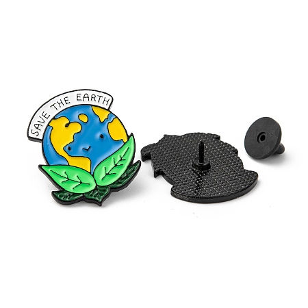 Honeyhandy Creative Zinc Alloy Brooches, Enamel Lapel Pin, with Iron Butterfly Clutches or Rubber Clutches, Electrophoresis Black, Save The Earth, Lime, 28x23mm, Pin: 1mm
