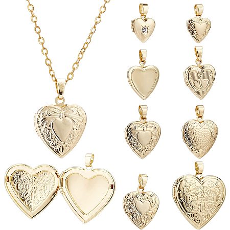 BENECREAT 8Pcs 8 Style Golden Photo Heart Frame Pendants 18K Gold Plated Locket Pendants for DIY Necklaces Jewelry Making