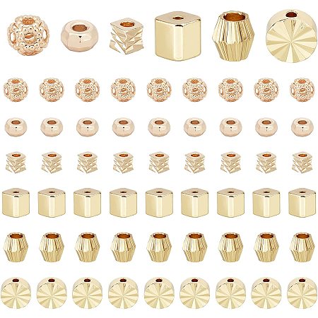 PandaHall Elite 6 Styles Spacer Beads, 60pcs 14K Gold Plated Beads Brass Flat Round Cube Bicone Faceted Spacers Metal Loose Beads for Handmade Jewelry Making DIY Beading Crafts