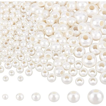 NBEADS 350pcs Plastic European Pearl Beads, 6 Sizes Creamy White Big Hole Imitation Pearl Round Faux Pearls Loose Rondelle Spacer European Beads for DIY Jewelry Making