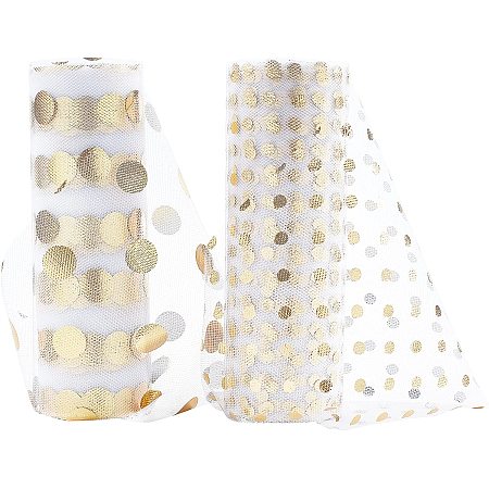 BENECREAT 2 Rolls 6 Inch Spot Pattern Tulle Fabric Gold Sequin Netting Fabric with Spot Pattern for Wedding Party Decoration, Skirts Decoration Making, 10 Yards/Roll