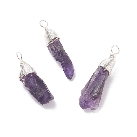 Honeyhandy Rough Natural Amethyst Pendants, with Silver Tone Copper Wire Wrapped, Nuggets, 26~31.5x7~9.5x6~8mm, Hole: 3~3.5mm