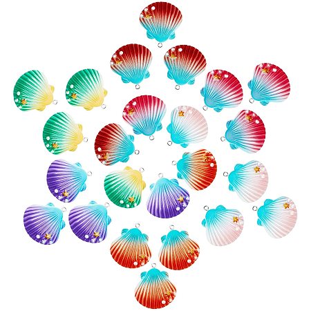PandaHall Elite 24pcs Seashell Pendant 6 Styles Shell Resin Charms Scallop Shells Charms with Starfish and Pearls and Loops for Earring Bracelet Necklace Jewelry Making, Gradient Color, 1.3x1.2