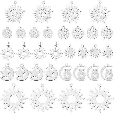 SUPERFINDINGS 32Pcs 8 Styles Laser Cut Stainless Pendants Stainless Steel Moon Star Charms Flat Round Hollow Pendants Steel Solar Eclipse Pendants for DIY Crafting Bracelet Jewelry Making