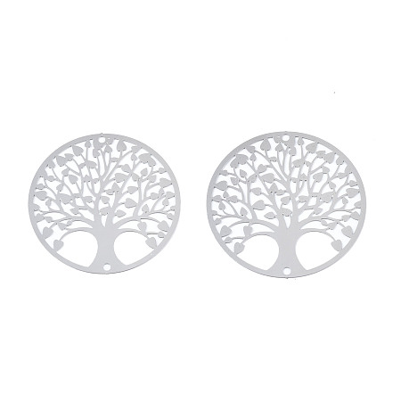 Honeyhandy 201 Stainless Steel Filigree Links, Etched Metal Embellishments, Flat Round with Tree of Life, Stainless Steel Color, 30x0.2mm, Hole: 1.2mm