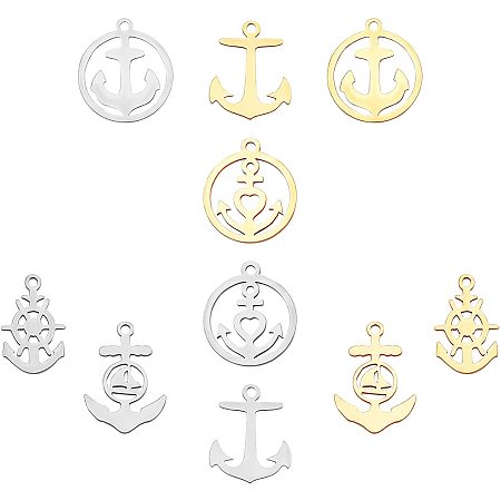 SUNNYCLUE 1 Box 5 Styles Anchor Charm Bulk Nautical Theme Stainless Steel Flat Round Pendants Boat Wheel Sailing Ocean for Crafts Earrings Necklaces Making Supplies, Silver Golden