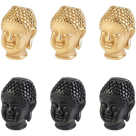 UNICRAFTALE 12pcs 2 Colors Buddha Head Beads Gunmetal and Golden Metal Bead Stainless Steel Beads Finding for DIY Jewelry Making 1.8mm Hole