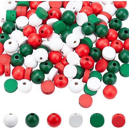 CHGCRAFT 180Pcs Christmas Wood Beads 16 mm Christmas Wooden Beads for Craft Round and Flat Red Green White Wood Beads for Christmas Party Holiday DIY Craft Garland Jewelry Making