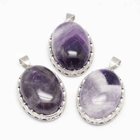 Honeyhandy Natural Amethyst Pendants, with Brass Findings, Oval, Platinum, 30x21x10~11mm, Hole: 6x4mm