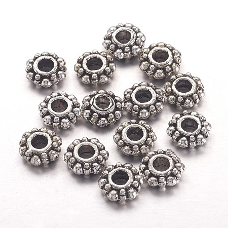Honeyhandy Tibetan Style Spacer Beads, Lead Free & Cadmium Free & Nickel Free, Snowflake, for Christmas, Antique Silver, about 7mm in diameter, 2mm thick, Hole: 2.5mm