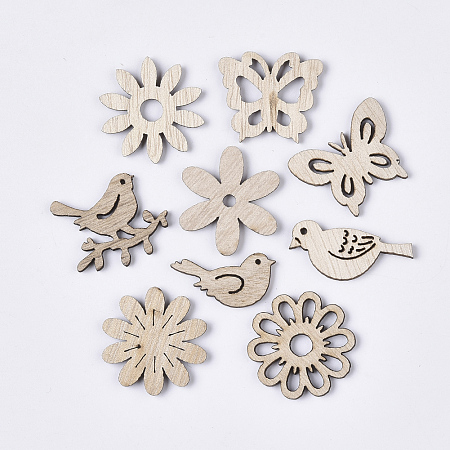Honeyhandy Laser Cut Wood Shapes, Unfinished Wooden Embellishments, Wooden Cabochons, Flower & Bird & Butterfly, PapayaWhip, 13.5~28x24.5~31x2.5mm