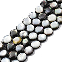 Natural Black Lip Shell Beads Strands, Double-Faced, Flat Round, 10x4mm, Hole: 1mm, about 40pcs/strand, 16.06 inch(40.8cm)