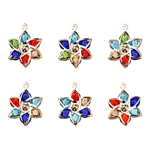 Honeyhandy 6Pcs Rack Plating Iron Glass Pendants, Light Gold Tone Flower Charms, Mixed Color, 29x21x6mm, Hole: 1mm