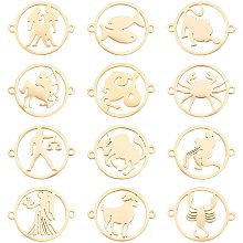 UNICRAFTALE 12pcs 12 Styles Golden Flat Round Zodiac Sign Links Charms Stainless Steel Links Connectors Hollow Linking Charms for Jewelry Making 1.5mm Hole