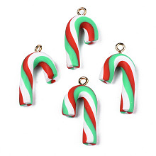 Honeyhandy Handmade Polymer Clay Pendants, with Light Gold Iron Loop, Candy Cane, for Christmas, Light Green, 26.5~29x13.5~14x5mm, Hole: 2mm