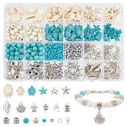 Nbeads DIY Ocean Jewelry Making Finding Kit, Including Starfish & Turtle Synthetic Turquoise & Glass Seed Beads, Shell Links, Alloy Beads & Pendants & Clasp, 304 Stainless Steel Jump Rings, Mixed Color, 583Pcs/box