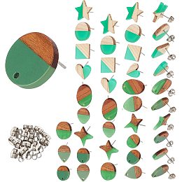 PandaHall Elite Resin Wood Stud Earring Findings 10 Styles Earring Pad Base Star Heart Earrings Drop Oval Flat Pad Earring Studs Posts with Stainless Steel Earring Backs for Earring Jewelry Making 40pcs