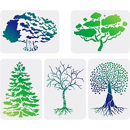 FINGERINSPIRE 5pcs Reusable Tree Stencils, 11.7x8.3 inch Pine/Cypress Tree/Aspen Trees/Life Tree Stencils, Plastic Tree Drawing Stencils for Canvas Wood Wall Decor DIY Crafts