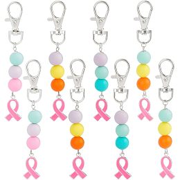 PandaHall Elite 8pcs Pink Ribbon Awareness Keychains Silicone Bead Keychain Lanyards Bag Pendant Ribbon Breast Cancer Awareness Ribbon Key Chain Gift for Mom, Sister, Auntie