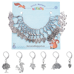 NBEADS 18 Pcs Alloy Pendants Stitch Markers, 6 Styles Tibetan Style Crochet Stitch Marker with Leverback Earring Hook Squirrel Hedgehog Leaf Pine Cone Charms for Knitting Sewing Jewelry Making