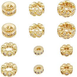 DICOSMETIC 12Pcs 6 Styles Rondelle Golden Beads Flat Round Beads Rhinestone Round Spacer Beads CZ Stone Beads Brass Cubic Zirconia Beads for Bracelet Jewelry Making Craft