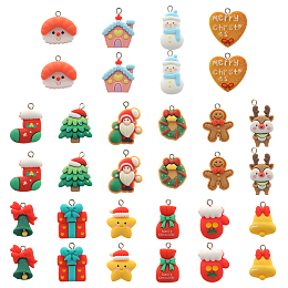 SUNNYCLUE 32Pcs 16 Styles Opaque Resin Pendants, Christmas Charms, with Platinum Tone Iron Loops, Gift Box & Bell & Star & Christmas Tree, Mixed Shapes, Mixed Color, 21~31.5x15~23x4~8.5mm, Hole: 2~2.8mm, 2pcs/style