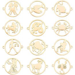 UNICRAFTALE 12pcs 12 Styles Golden Flat Round Zodiac Sign Links Charms Stainless Steel Links Connectors Hollow Linking Charms for Jewelry Making 1.5mm Hole