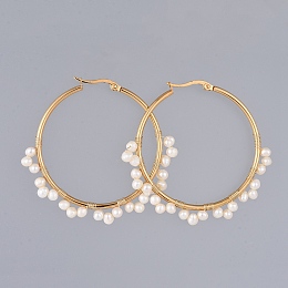 Honeyhandy 304 Stainless Steel Hoop Earrings, Beaded Hoop Earrings, with Natural Cultured Freshwater Pearl Beads and Cardboard Box, Ring, Golden, 44.5mm, Pin: 0.6x1mm