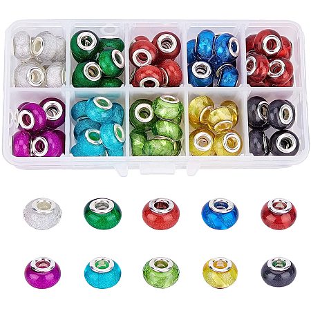 NBEADS Acrylic European Beads, Large Hole Beads, with Silver Color Plated Brass Double Cores, Rondelle, Mixed Color, 13.5~14x9.5~10mm, Hole: 5mm; 10 Colors, 8pcs/color, 80pcs/box