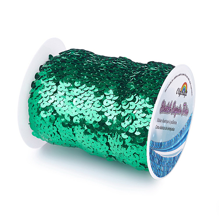 Olycraft Plastic Paillette Elastic Beads, Sequins Beads, Ornament Accessories, 3 Rows Paillette Roll, Flat Round, Green, 25x1.5mm; 10m/roll