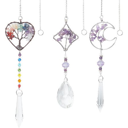 SUNNYCLUE 3Pcs Garden Sun Catchers Tree of Life Suncatchers 7 Chakra Chip Beads Amethyst Crystal Ball Bead Wire Wrapped Charms Rainbow Sun Catchers Hanging Ornament for Home Decoration Door Window