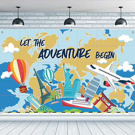 FINGERINSPIRE Let The Adventure Begin Backdrop 6x3.6ft Travel Themed Photography Backdrop Earth Planes Ships Buildings Pattern Hanging Banner for Birthday Graduation Baby Shower Party Decoration