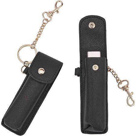 WADORN 2Pcs PU Leather Chapstick Keychain Holder, Black Leather Lip Balm Holder with Key Chain Lip Balm Sleeve Pouch Portable Clip-on Lip Gloss Holder Bag Gift for Women, Inner size: 3.9x1.3 Inch