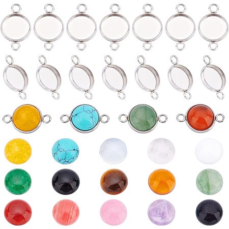 CHGCRAFT 30sets 15Colors Glass Dome Round Crafting Cabochon Glass Bead Cabochon Tile with 30pcs Stainless Steel Bezel Pendant Trays for Pendant Jewelry Making