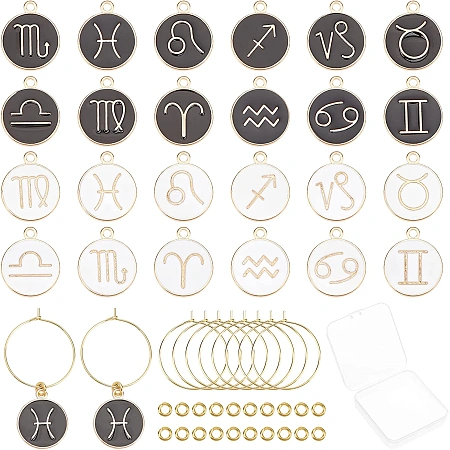 SUNNYCLUE 1 Box 24 Sets 2 Colors 12 Constellations Wine Glass Charms Zodiac Sign Pendants Identifiers Markers Tags & 24Pcs Ring Charm & 30Pcs Jump Rings for DIY Jewelry Party Favors Decorations
