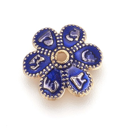 Alloy Enamel Bead Caps, Flower, with Om Mani Padme Hum, 6-Petal, Golden, Blue, 9.5x3mm, Hole: 1mm