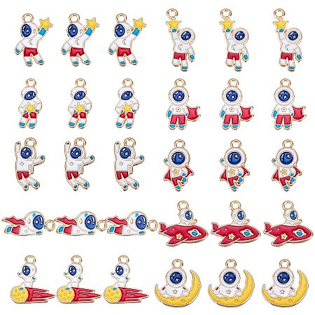 NBEADS 60 Pcs Alloy Enamel Charms, 10 Styles LightGold Spaceman Astronaut Shooting Star Small Charms Pendants for Key Ring Necklace Jewelry Making
