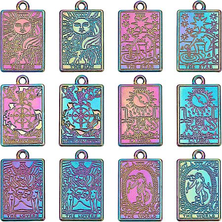 CHGCRAFT 12Pcs 6 Style Tarot Card Charms Rack Plating Rainbow Color Rectangle Alloy Tarot Charm Pendants for DIY Bracelet Earrings Necklace Personalized Jewelry Making, 23.5x14.5x1.5mm