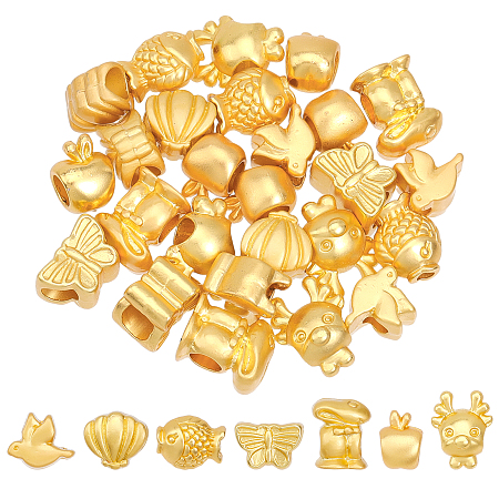 CHGCRAFT 35Pcs 7Styles Alloy European Beads Animal Spacer Beads Large Hole Beads Matte Style Animal Beads for Bracelet Earring Jewelry Gift Making, Matte Gold Color