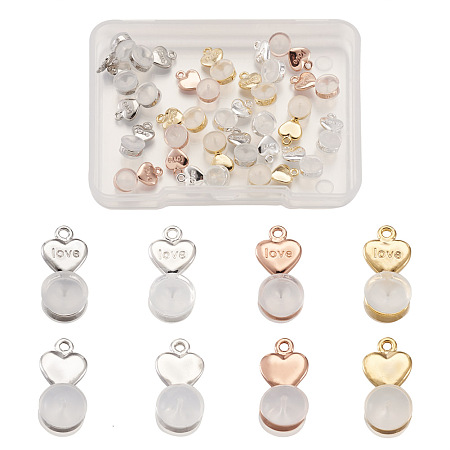 24Pcs 4 Colors Silicone Ear Nuts, Earring Backs, with Brass Findings, Heart, Mixed Color, 11.2x6x5.5mm, 6pcs/color