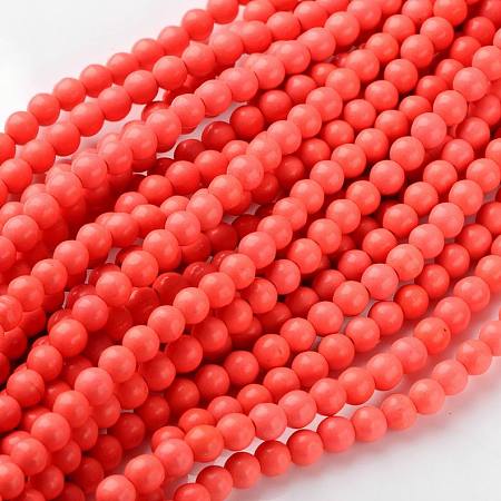 Synthetic Coral Beads Strands, Dyed, Round, Pink, about 6mm in diameter, hole: about 0.8mm; 15~16 inches