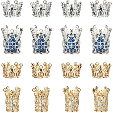NBEADS 16 Pcs Cubic Zirconia Crown Beads, 4 Styles Brass King Crown Charms Beads Golden and Silver Rhinestone Spacer Beads for DIY Crafts Jewelry Making Valentine's Day Gifts