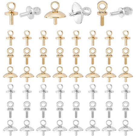 PandaHall Elite Cup Pearl Screw Eye Pin Bail Peg Pendants, 60pcs 6 Styles Brass Cup Pearl Eye Pin Clasps Hooks Peg Bails Pendants for Half Drilled Beads Earring Necklace Jewelry Making, Golden/Silver
