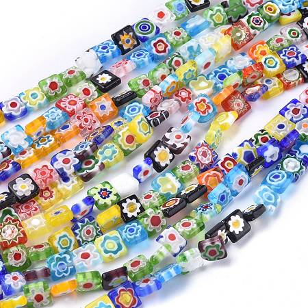 ARRICRAFT Square Handmade Millefiori Glass Beads, Mixed Color, 8x8x3mm, Hole: 0.5mm, about 48pcs/strand, 14.9 inches
